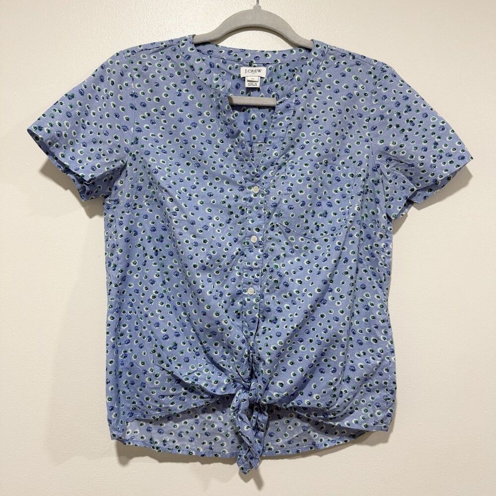 J.Crew 100% Cotton Blue Floral Button Up Tie Waist Coastal Beach Travel Sz XS